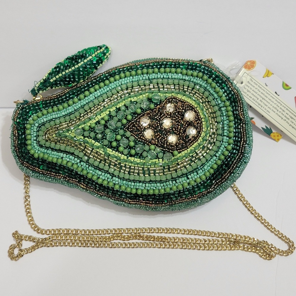 Avocado Beaded Crossbody Bag Green Fruit Novelty Crossbody Handcrafted India NEW